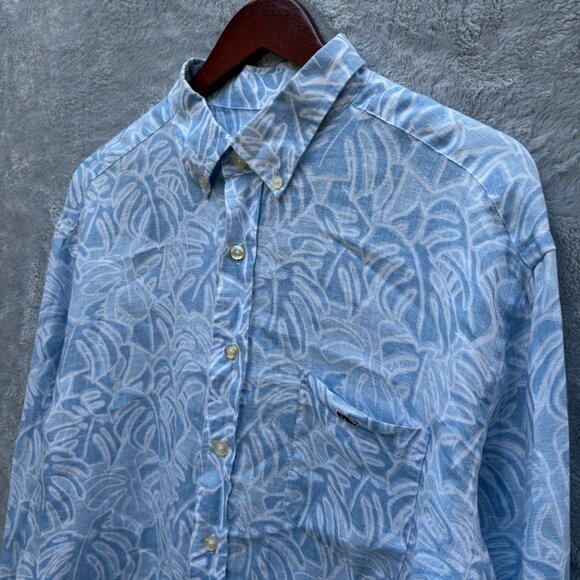 XL Vineyard Vines Blue 100% Linen Palm Print Tucker Button Down Shirt - Picture 2 of 9